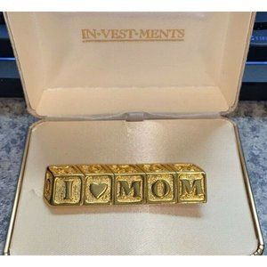 Vtg NOS Dillard's MOM Brooch I Love You Heart Gold Plated In-Vest-Ments X's/O's